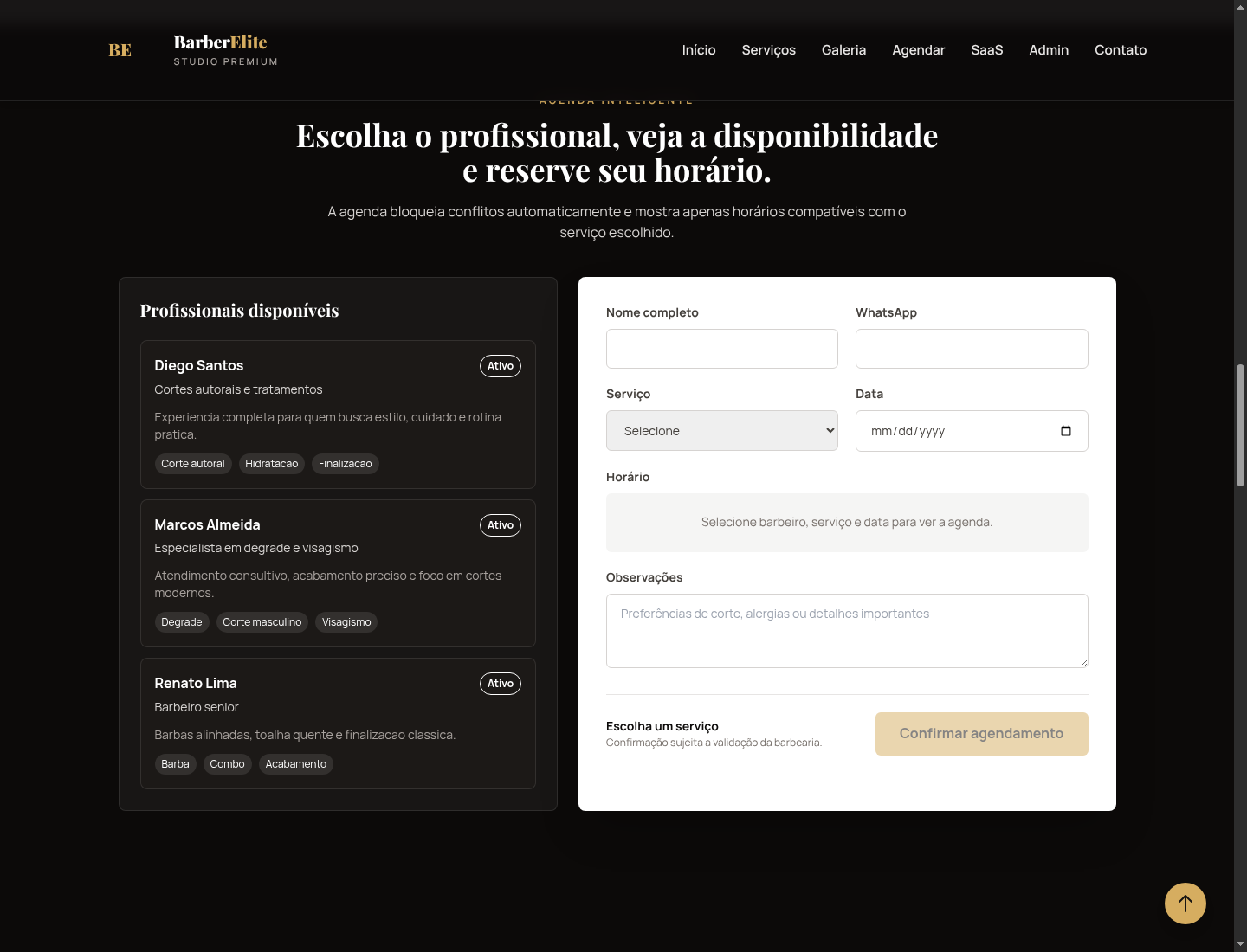 Fluxo de agendamento online do BarberElite
