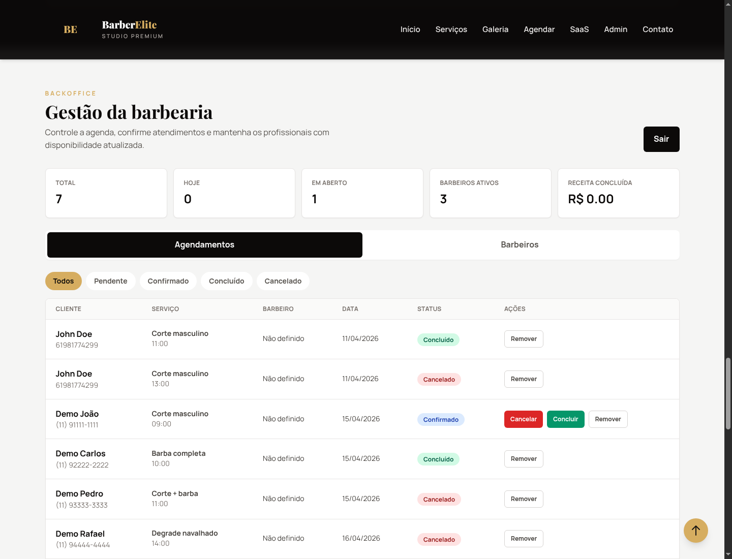 Painel de gestão de agendamentos do BarberElite