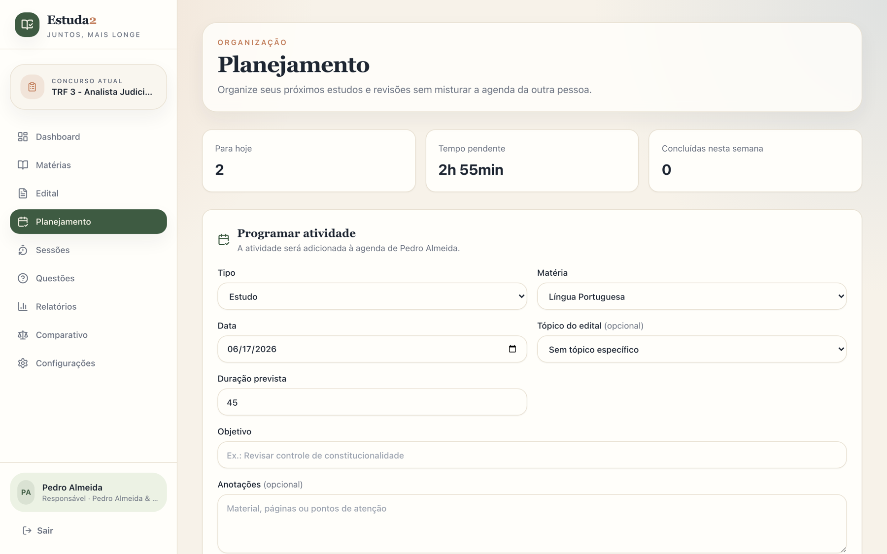 Planejamento de estudos e revisões no Estuda2